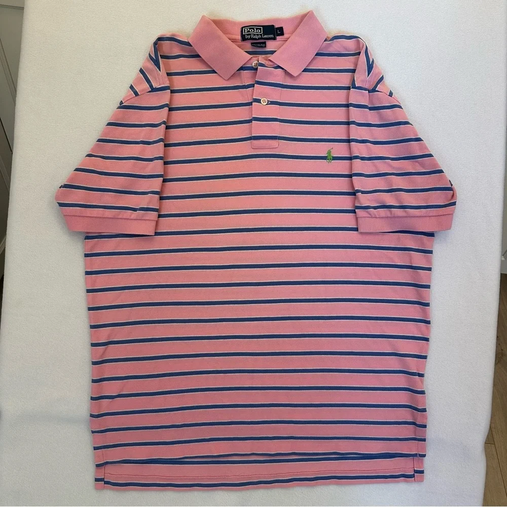 Ralph Lauren Polo Shirt‎ Pink Blue Striped 100% Cotton Classic Men’s Size Large